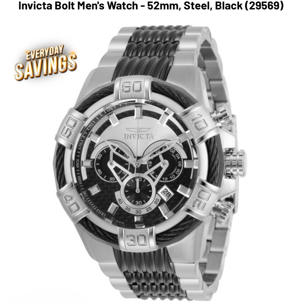 Invicta Bolt Men’s Watch 52mm Black Steel, Carbon Fiber Dial, Extra Links
